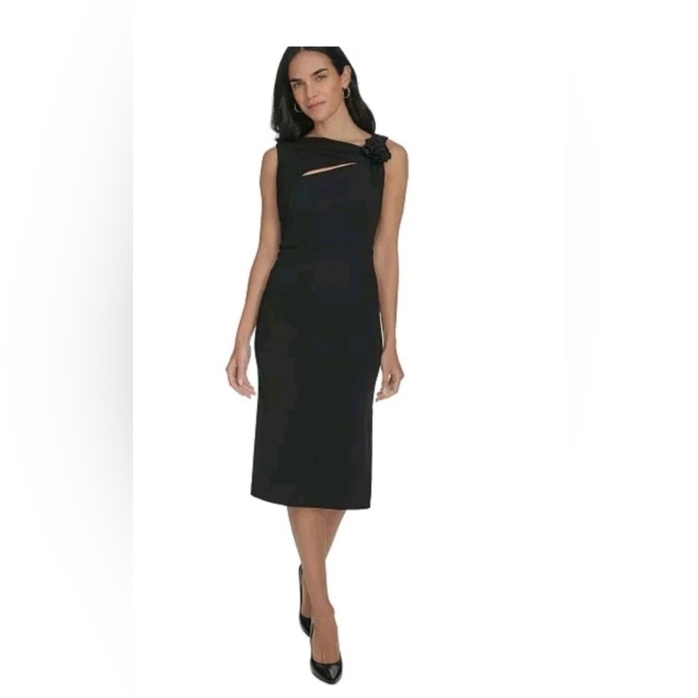 Calvin Klein Black Sleeveless Midi Dress with Shoulder Rosette